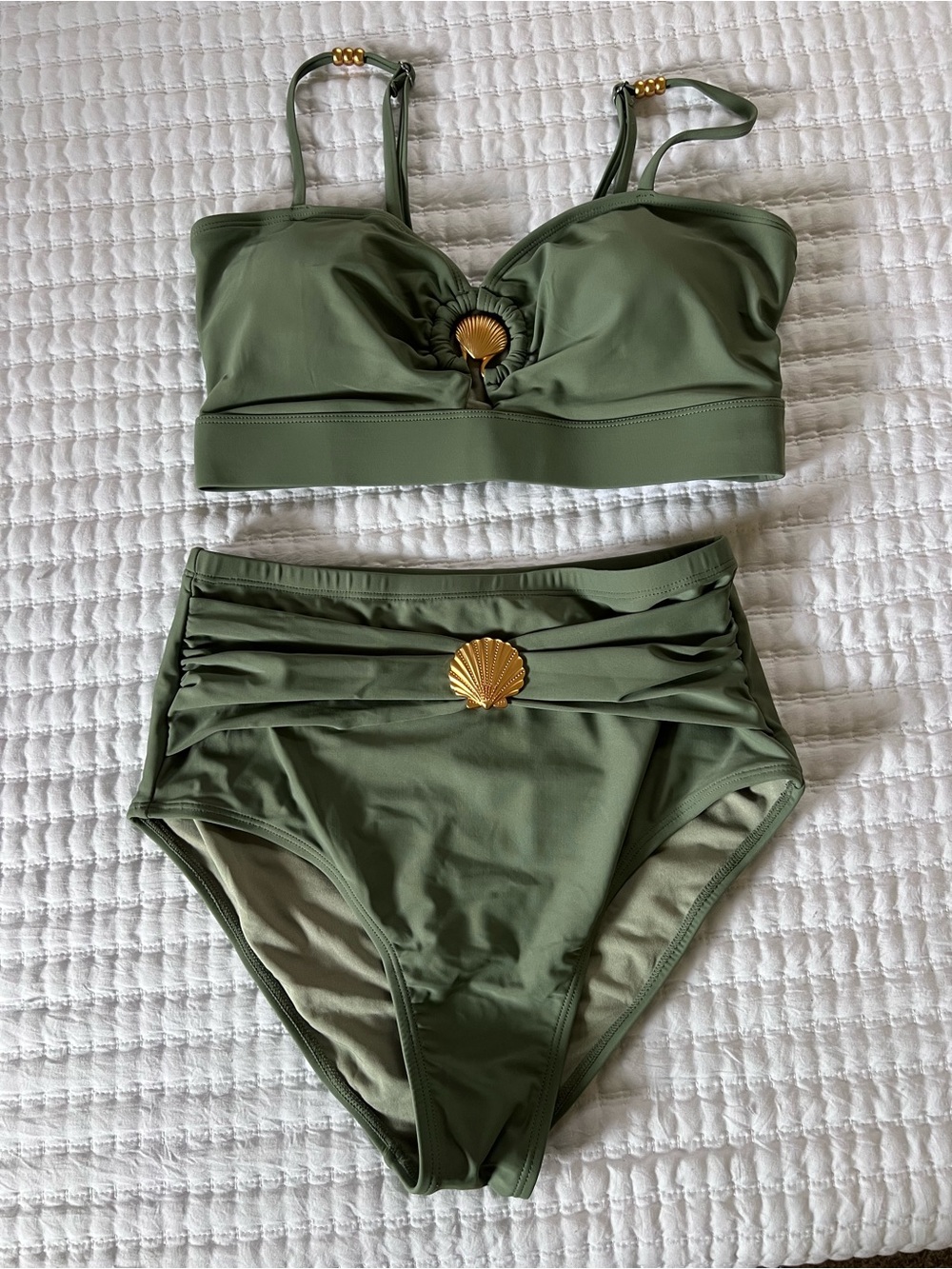 Amazon Olive Green High-Waist Bikini Set with Gold Shell Accents